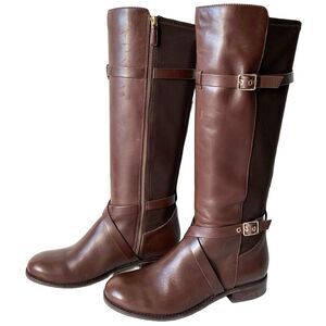 Cole Haan Riding Boots Women's 7.5 Knee High Brown Leather - Fabric Panel
